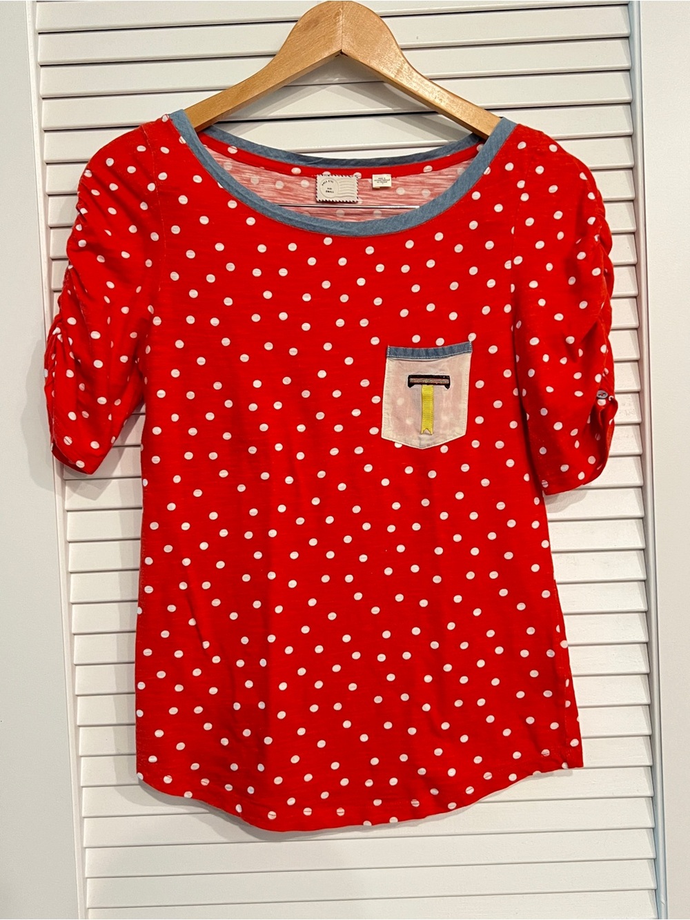 Anthropologie Postmark Polka Dot Ruched Sleeve Top 100% Cotton